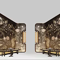 Oriental Screen With Traditional Floral Patterns Dark Background Gold Accents Living Room Interior