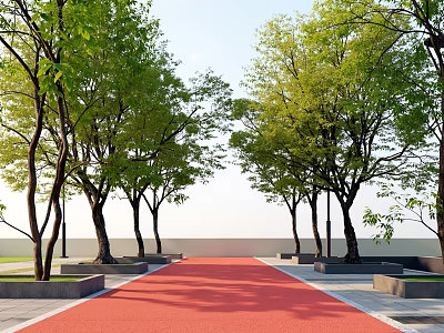 Arbor Trees Lined Along Red Pathway With Green Leaves And Tree Planters 3d model