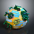 Yellow Decorative Globe Model With Green Plants Blue Labels And Small Ornaments