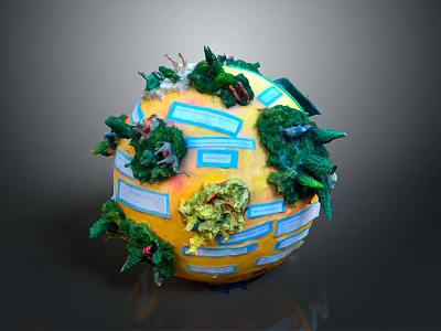 Yellow Decorative Globe Model With Green Plants Blue Labels And Small Ornaments 3d model