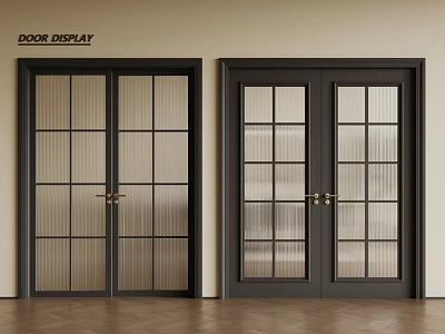 Modern Hinged Doors With Black Frames And Ribbed Grid Glass Panels Showcase Design 3d model