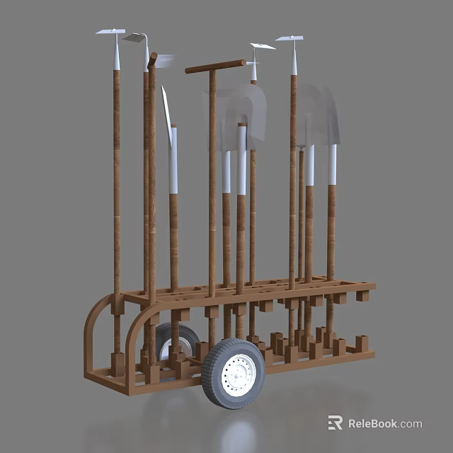 Mobile Wooden Storage Rack for Hardware Tools with Multiple Gardening Tools Hanging 3d model