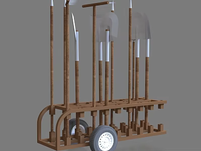 Mobile Wooden Storage Rack for Hardware Tools with Multiple Gardening Tools Hanging 3d model