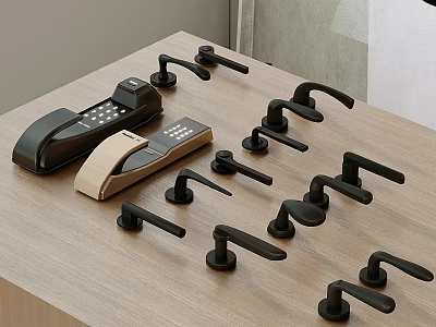Assorted Black Door Handles in Different Styles on Wooden Table with Control Panels 3d model