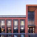 Modern Red Brick Sales Office Building With Glass Windows And Front Pool