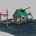 Cartoon Scene of a Hut with Green Roof Dock Barrels and Small Boats on Water