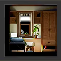Cartoon Scene Of Cozy Room With Bed Desk Window Blinds Plant Cabinet And Rug