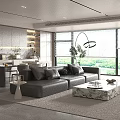 Modern Living and Dining Room Interior Design With Leather Sofa And Marble Coffee Table