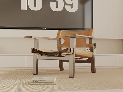Minimalist Accent Chair With Wooden Frame Leather Cushion And Books On Rug In Modern Interior 3d model