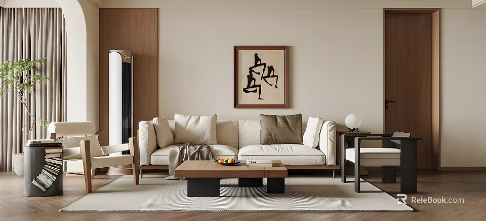 Modern Minimalist Living Room Interior With Beige Sofa Throw Pillows Wooden Coffee Table And Artwork 3d model 