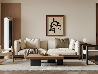 Modern Minimalist Living Room Interior With Beige Sofa Throw Pillows Wooden Coffee Table And Artwork 3d model