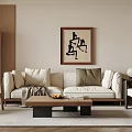 Modern Minimalist Living Room Interior With Beige Sofa Throw Pillows Wooden Coffee Table And Artwork
