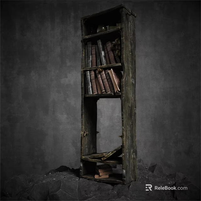 Vintage Decorative Ornaments Set On Old Wooden Bookshelf With Books And Gray Wall 3d model 
