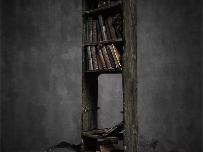 Vintage Decorative Ornaments Set On Old Wooden Bookshelf With Books And Gray Wall 3d model