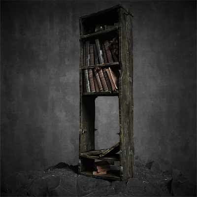 Vintage Decorative Ornaments Set On Old Wooden Bookshelf With Books And Gray Wall 3d model