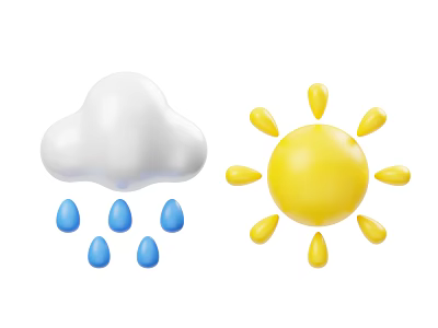 White Cloud With Blue Raindrops And Yellow Sun Weather Icon Design 3d model