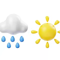 White Cloud With Blue Raindrops And Yellow Sun Weather Icon Design 3d model