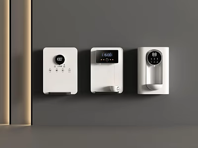 Three White Wall Mounted Household Electrical Appliances With Control Panels And Displays 3d model