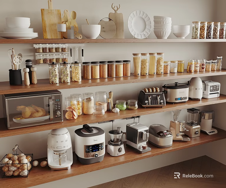 Modern Kitchen Interior With Organized Storage Glass Jars Wooden Shelves And Appliances 3d model 