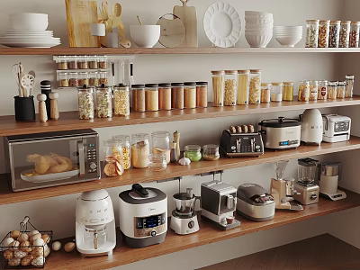 Modern Kitchen Interior With Organized Storage Glass Jars Wooden Shelves And Appliances 3d model