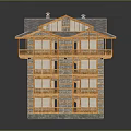 Multi Story Traditional Urban Building Complex With Wooden Balconies Stone Walls And Sloped Roofs
