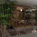 Japanese Style Interior With Wooden Tea Tables Chairs Bookshelves And Hanging Lamps