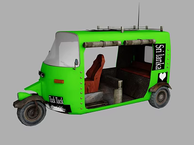 Green Auto Rickshaw With Shimla Text TAXI Sign Brown Seats And Roof Rack 3d model
