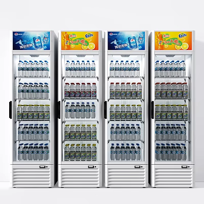 Four Upright Commercial Display Refrigerators Stocked With Bottled Water Juices And Beverages 3d model