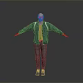 Man With Open Green Jacket Glasses Gray Pants Blue Shoes And Arms Outstretched