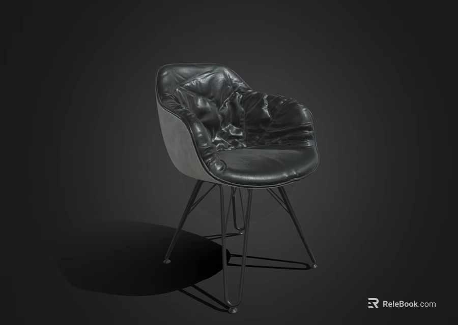 Black Leather Leisure Chair With Pleated Backrest And Modern Metal Spider Legs 3d model 