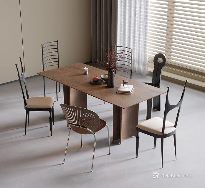 Modern Dining Table and Chairs Set with Wooden Tabletop and Stylish Chair Design 3d model 
