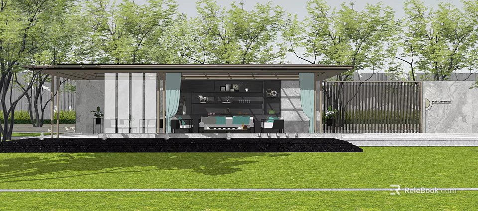 Modern Pergola Design With Open Structure Green Lawn And Surrounding Trees 3d model