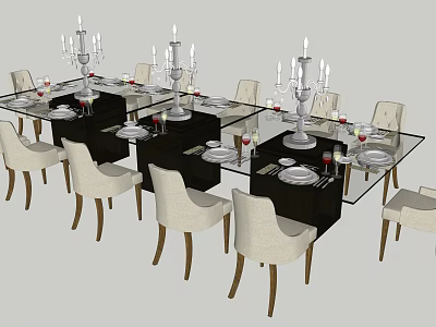 Glass Top Dining Table Set with White Chairs Candelabras and Tableware 3d model