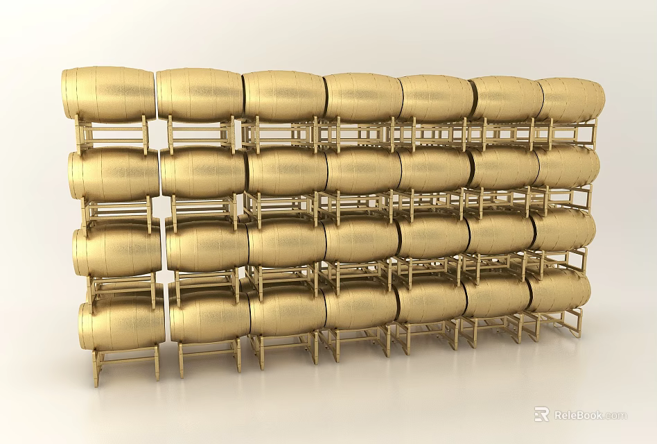 Golden Barrel Shaped Decorative Ornament Set Neatly Arranged On Multi Tiered Shelves 3d model 