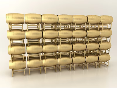 Golden Barrel Shaped Decorative Ornament Set Neatly Arranged On Multi Tiered Shelves 3d model
