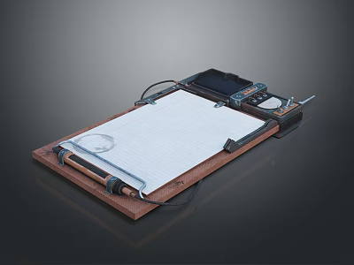Wooden Base Writing Board with White Paper and Electronic Device for Daily Use 3d model