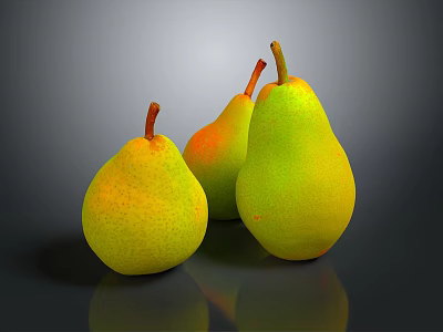 Fresh Yellow And Green Pears With Shiny Skin On Black Reflective Surface 3d model