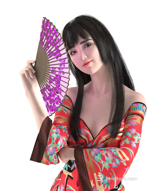 Woman in Red Traditional Floral Patterned Dress Holding Purple Pink Fan with Long Black Hair 3d model 