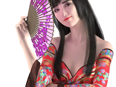 Woman in Red Traditional Floral Patterned Dress Holding Purple Pink Fan with Long Black Hair 3d model