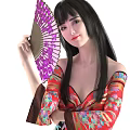 Woman in Red Traditional Floral Patterned Dress Holding Purple Pink Fan with Long Black Hair