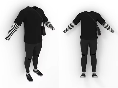 Black Shirt With Striped Sleeves Casual Outfit Matching Pants And Shoes 3d model