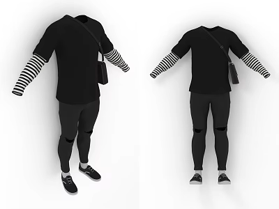 Black Shirt With Striped Sleeves Casual Outfit Matching Pants And Shoes 3d model
