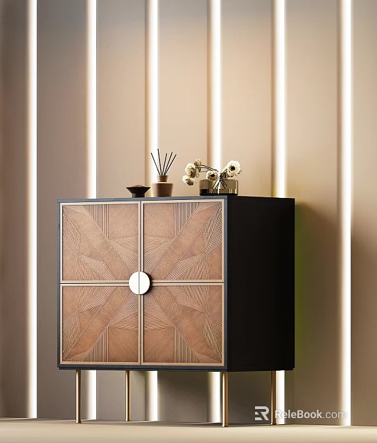 Stylish Entryway Cabinet Sideboard With Geometric Pattern Circular Handle And Decorative Items On Light Wall 3d model 