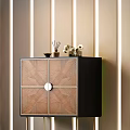 Stylish Entryway Cabinet Sideboard With Geometric Pattern Circular Handle And Decorative Items On Light Wall 3d model