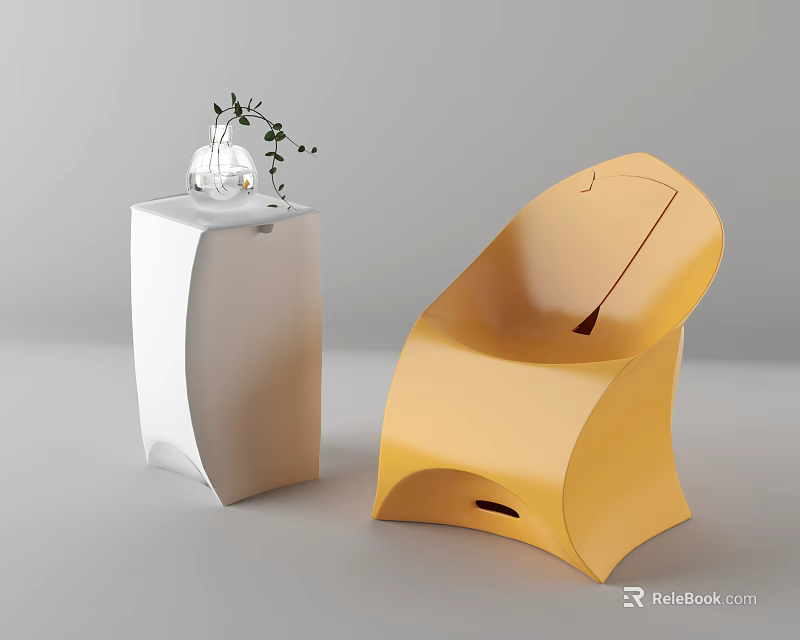 Yellow Leisure Chair with White Side Table and Clear Vase with Green Leaves 3d model 