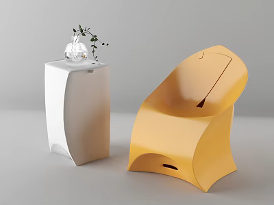 Yellow Leisure Chair with White Side Table and Clear Vase with Green Leaves 3d model
