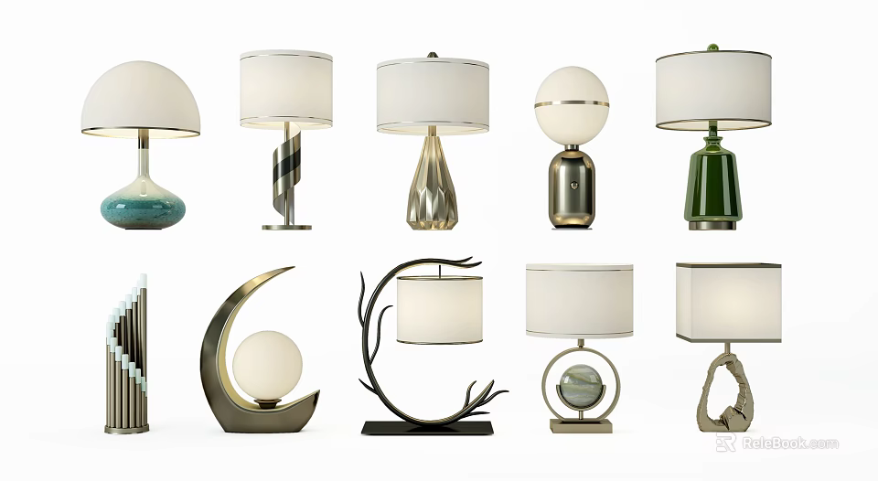 Various Modern Table Lamps With Unique Bases And Different Lamp Shades 3d model