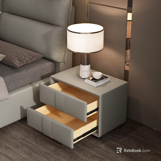 Modern Gray Bedside Table With Open Drawers Light Wood Interior Lamp Book And Cup 3d model 