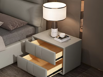 Modern Gray Bedside Table With Open Drawers Light Wood Interior Lamp Book And Cup 3d model