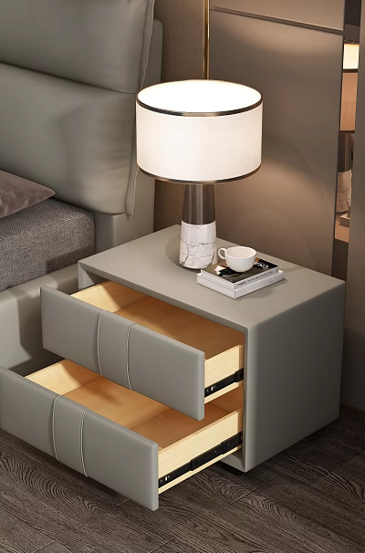 Modern Gray Bedside Table With Open Drawers Light Wood Interior Lamp Book And Cup 3d model
